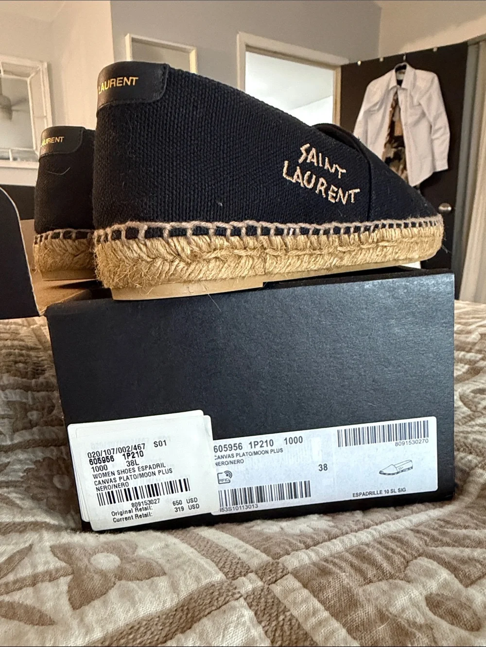 Saint Laurent Black Canvas Espadrilles with Natural Jute Sole